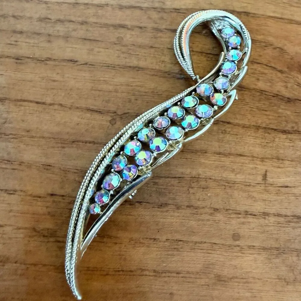 Vintage Aurora Borealis Rhinestone Feather Brooch Pin